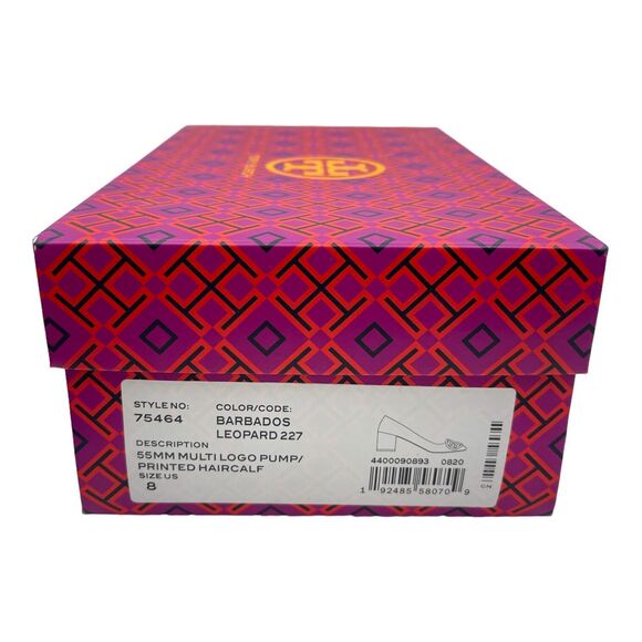 Tory Burch 55mm Multi Logo Leopard Pumps Brown Calf Hair Block Heel Size 8 - Picture 8 of 8